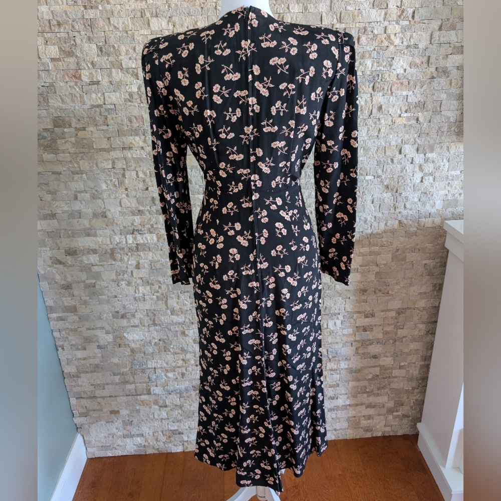 Vintage 90s Black Floral Dress Shoulder Pads Ruffle Slit Button Detail Sz 2 image 7